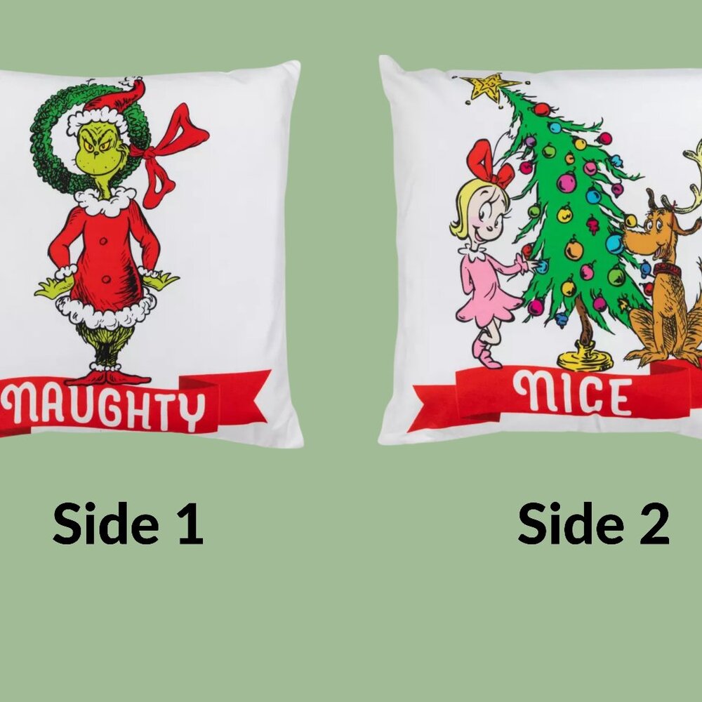 Grinch Max Cindy Christmas Reversible Throw Pillow Naughty Nice 18 in. Holiday